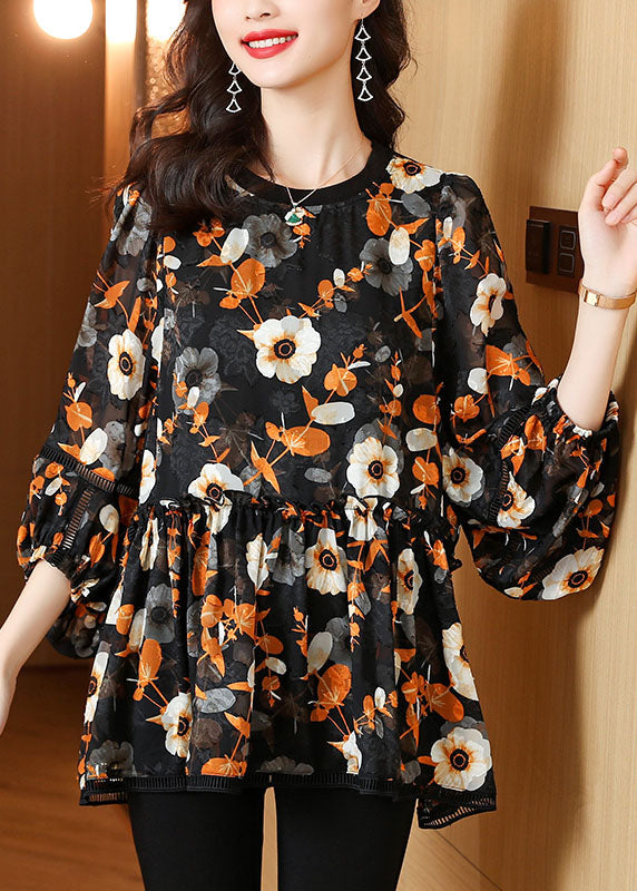 Plus Size Black Floral Wrinkled Patchwork Chiffon Blouse Top Summer