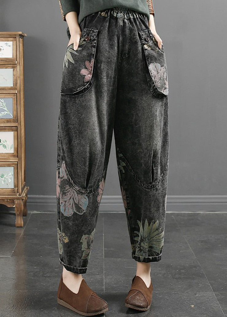 Plus Size Black Grey Pockets Print Patchwork Denim Pants Fall