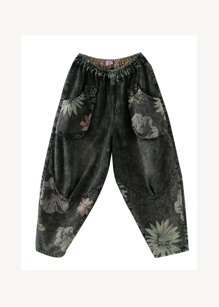 Plus Size Black Grey Pockets Print Patchwork Denim Pants Fall