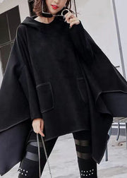 Plus Size Black Hooded Asymmetrical Design Patchwork Faux Suede Sweatshirt Fall