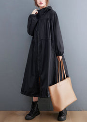 Plus Size Black Hooded Drawstring Cotton Trench Coat Spring