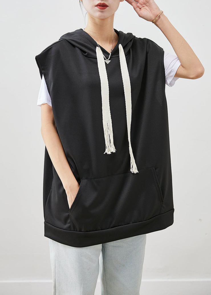 Plus Size Black Hooded Drawstring Cotton Vest Fall