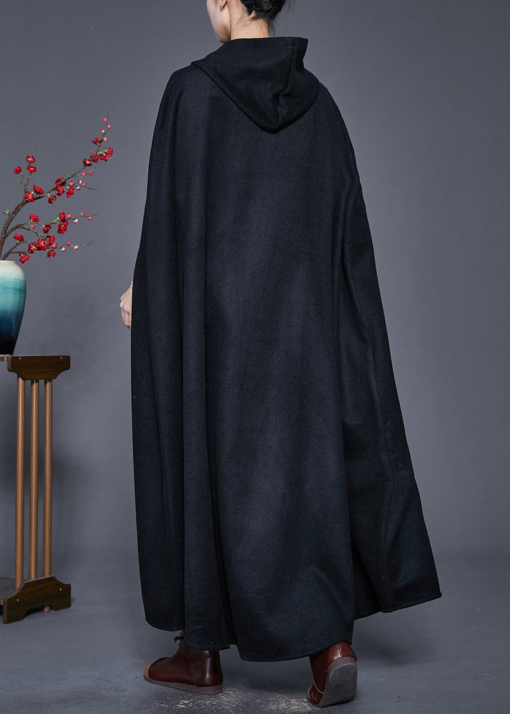 Plus Size Black Hooded Oversized Woolen Trench Cloak Sleeves