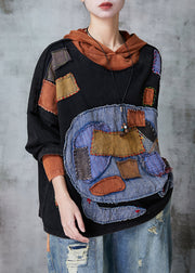 Plus Size Black Hooded Patchwork Applique Cotton Pullover Sweatshirt Spring