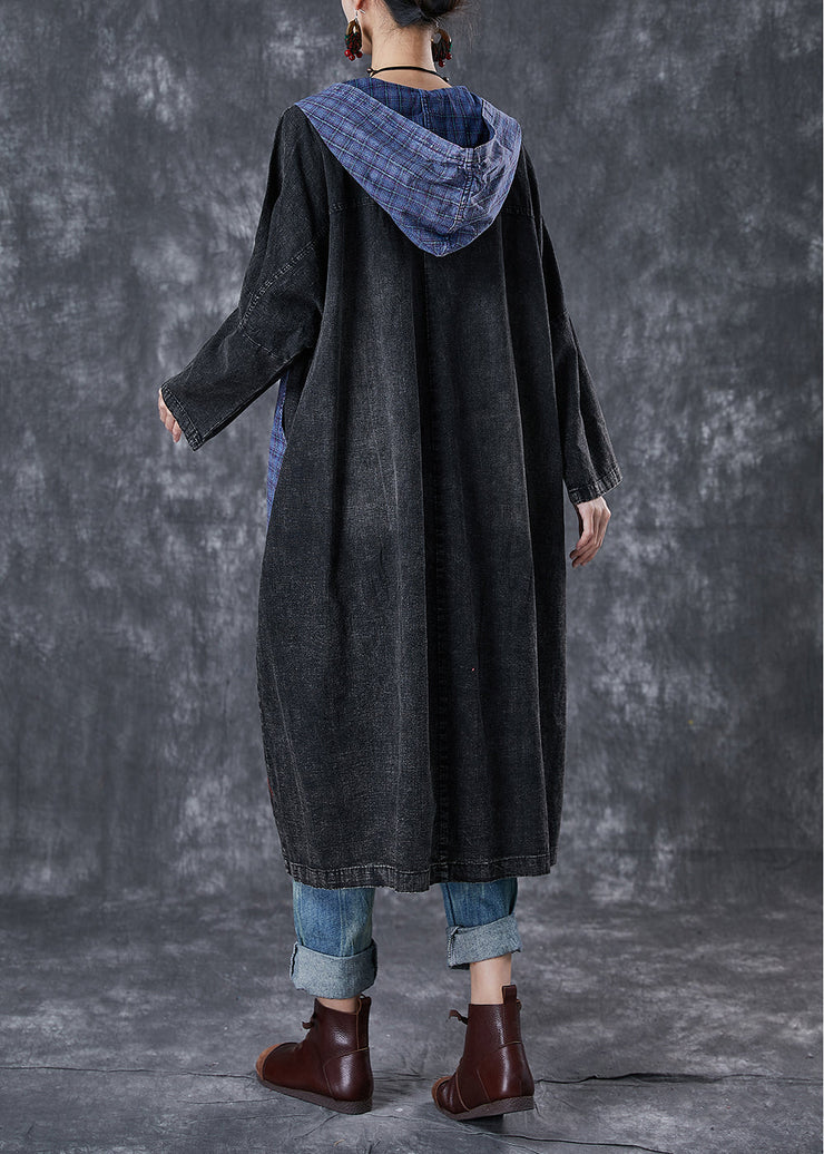 Plus Size Black Hooded Patchwork Big Pockets Denim Coats Fall