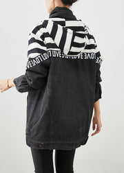 Plus Size Black Hooded Patchwork Striped Fine Cotton Filled Denim Jacket Witner