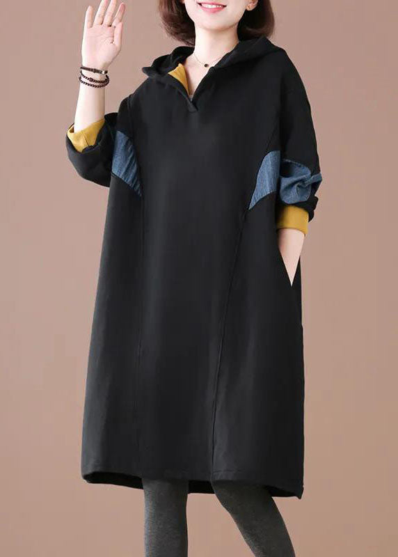 Plus Size Black Hooded Patchwork Warm Fleece Loose Sweatshirt Dress Winter