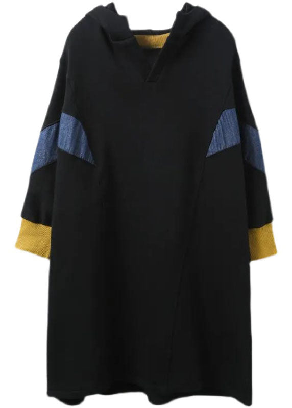 Plus Size Black Hooded Patchwork Warm Fleece Loose Sweatshirt Dress Winter