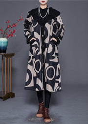 Plus Size Black Hooded Print Fleece Wool Lined Trench Winter