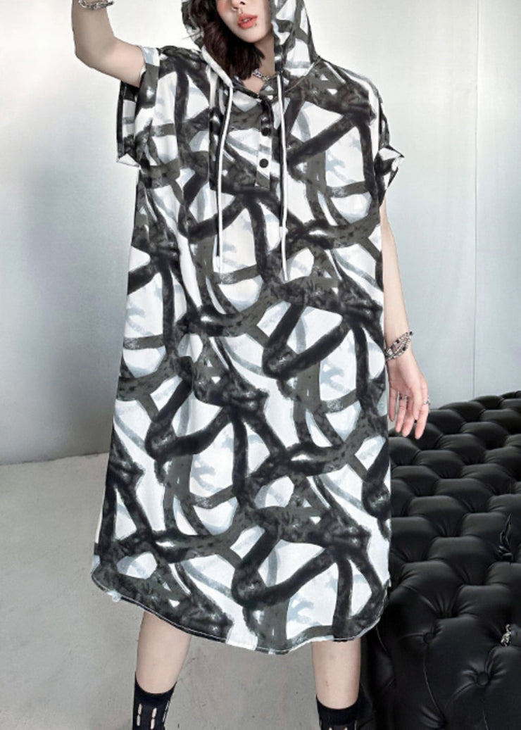 Plus Size Black Hooded Print Patchwork Silk Cotton Long Dress Summer