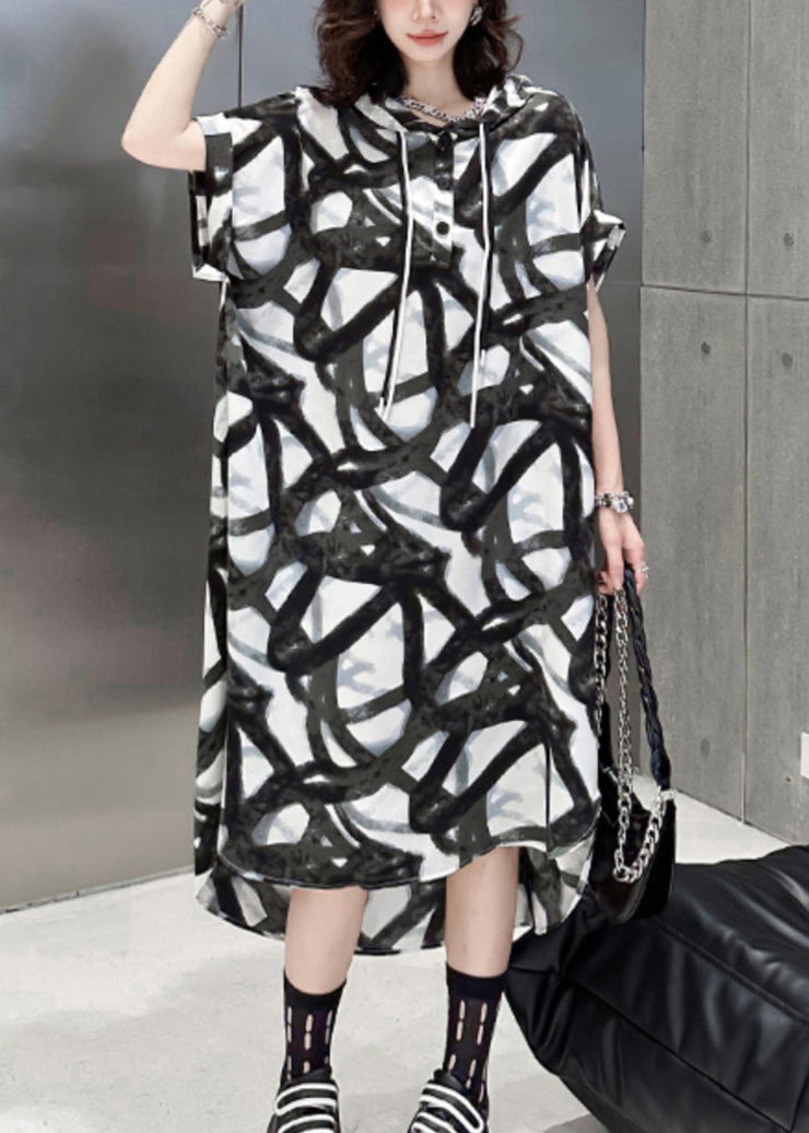 Plus Size Black Hooded Print Patchwork Silk Cotton Long Dress Summer