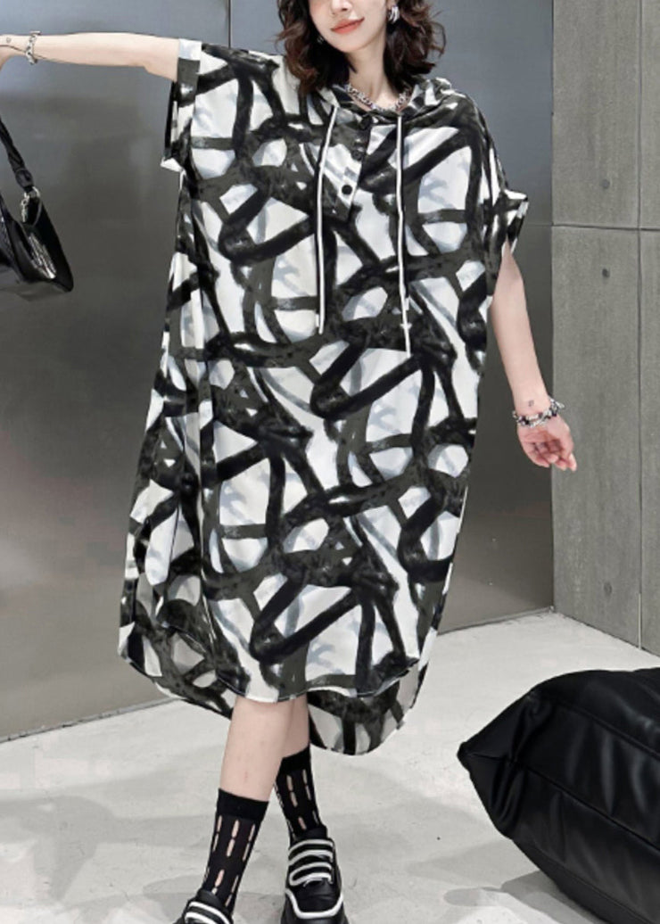 Plus Size Black Hooded Print Patchwork Silk Cotton Long Dress Summer