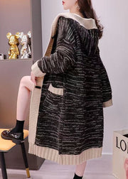 Plus Size Black Hooded Striped Warm Knit Long Cardigans Spring