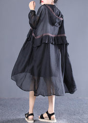 Plus Size Black Hooded Tie Waist Cotton Long Trench Spring