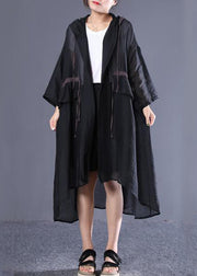 Plus Size Black Hooded Tie Waist Cotton Long Trench Spring