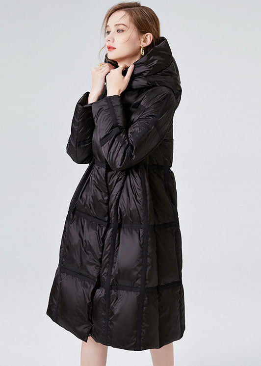 Plus Size Black Hooded Zip Up Duck Down Jacket In Winter