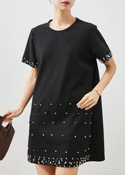 Plus Size Black Nail Bead Cotton Mid Dress Summer