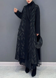 Plus Size Black Notched Tulle Patchwork Maxi Cardigans Long Sleeve