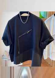 Plus Size Black O-Neck Asymmetrical Patchwork Zippered T Shirts Short Sleeve