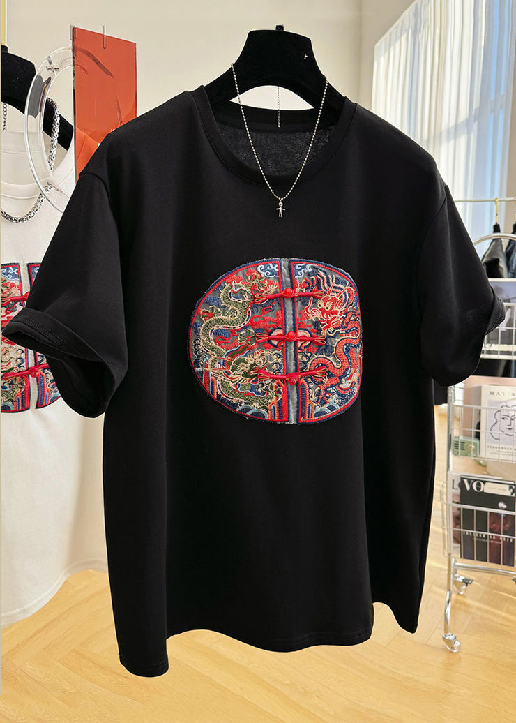 Plus Size Black O Neck Embroideried Cotton Mens T Shirts Summer