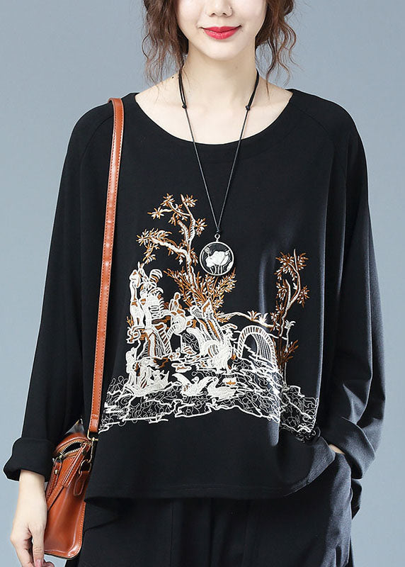 Plus Size Black O Neck Embroideried Patchwork Cotton T Shirt Top Fall