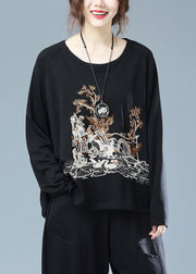 Plus Size Black O Neck Embroideried Patchwork Cotton T Shirt Top Fall