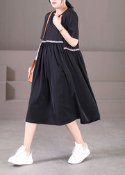 Plus Size Black O-Neck Oversized Letter Applique Pleated Dress Summer