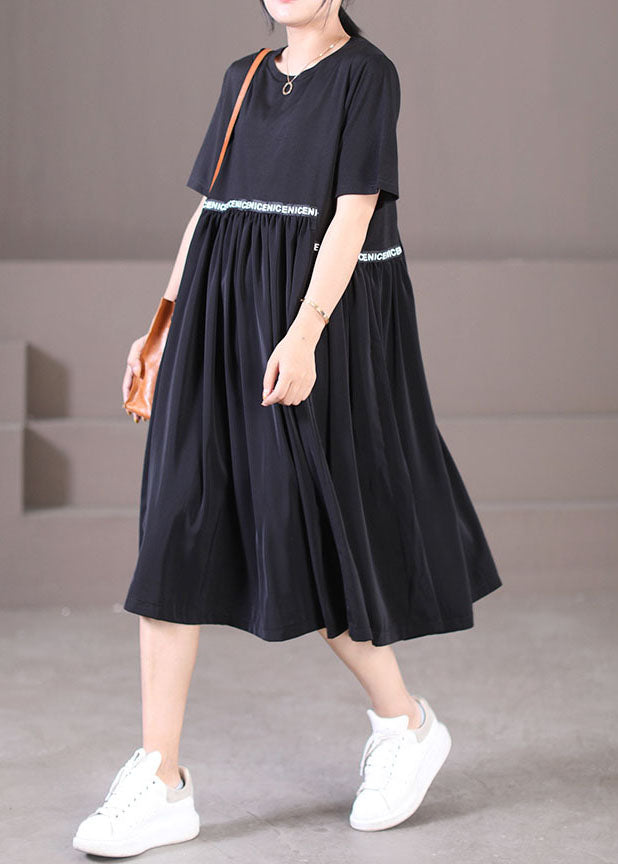 Plus Size Black O-Neck Oversized Letter Applique Pleated Dress Summer