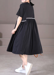 Plus Size Black O-Neck Oversized Letter Applique Pleated Dress Summer