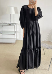 Plus Size Black O-Neck Patchwork Backless Cotton Maxi Dress Bracelet Sleeve