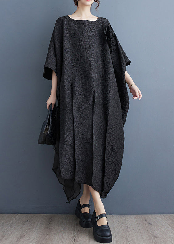 Plus Size Black O-Neck Patchwork Cotton Long Dresses Batwing Sleeve