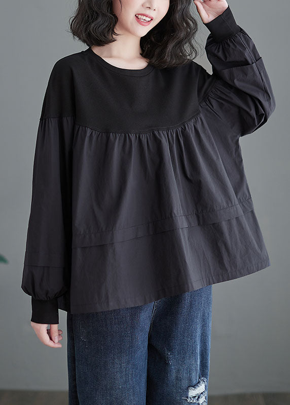 Plus Size Black O Neck Patchwork Cotton Shirt Tops Spring