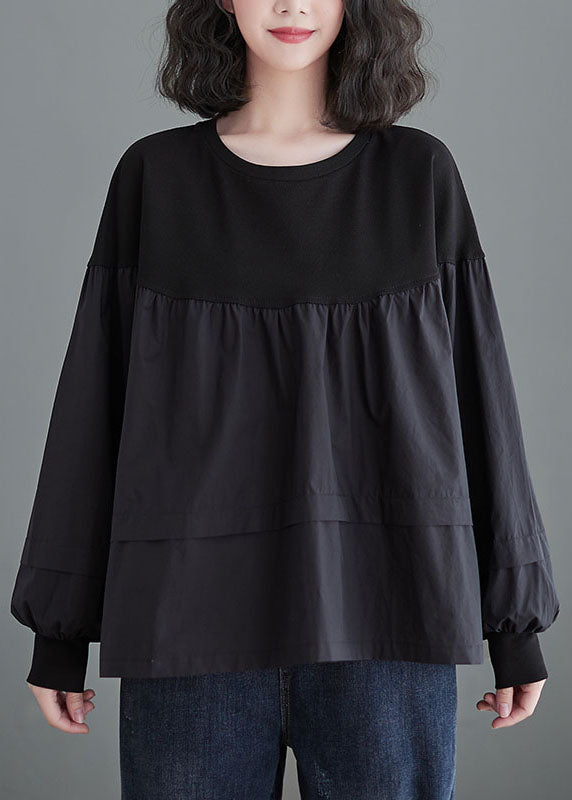 Plus Size Black O Neck Patchwork Cotton Shirt Tops Spring