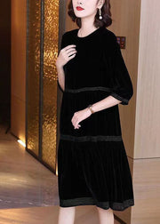 Plus Size Black O-Neck Patchwork Silk Velour Dresses Half Sleeve