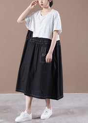 Plus Size Black O-Neck Patchwork Striped Cotton Long Dress Short Sleeve