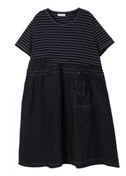 Plus Size Black O-Neck Patchwork Striped Cotton Long Dress Short Sleeve