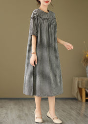 Plus Size Black O Neck Plaid Ruffled Patchwork Cotton Dress Summer