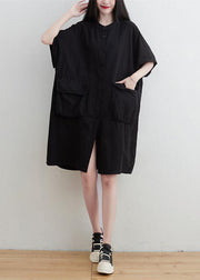 Plus Size Black O-Neck Pockets Button Linen Dresses Short Sleeve