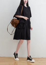 Plus Size Black O-Neck Pockets Button Linen Dresses Short Sleeve