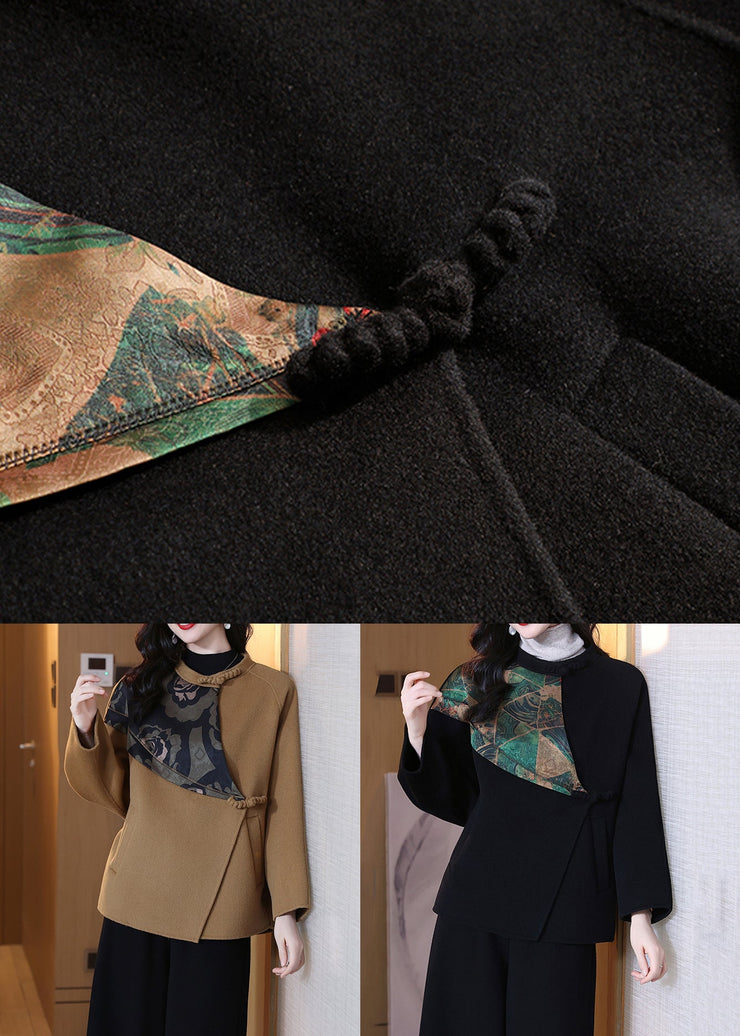 Plus Size Black O Neck Pockets Wool Coats Spring