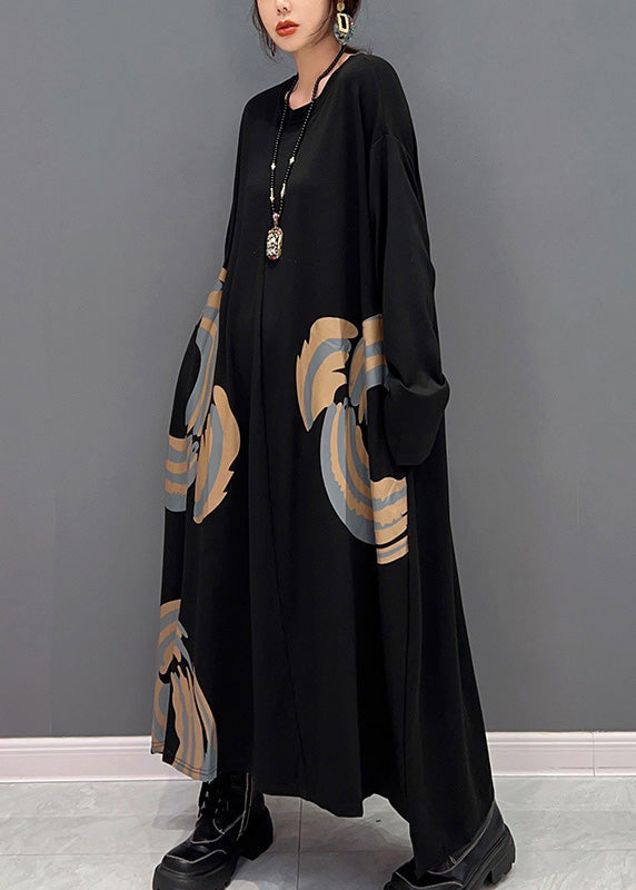 Plus Size Black O-Neck Print Maxi Dresses Spring