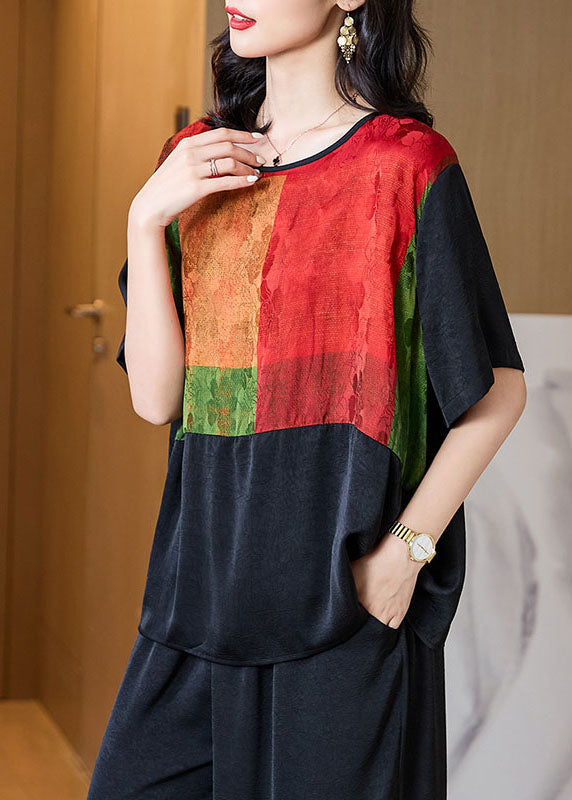 Plus Size Black O Neck Print Patchwork Silk T Shirt Tops Half Sleeve