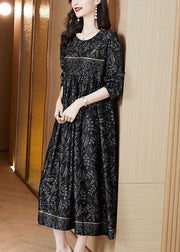 Plus Size Black O-Neck Print Silk Robe Dresses Spring