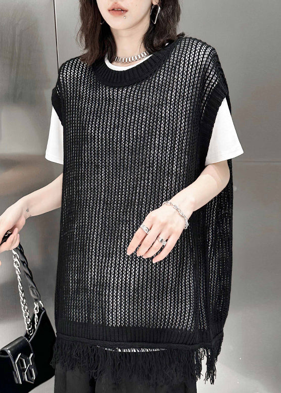 Plus Size Black O Neck Tasseled Patchwork Knitting Cotton Waistcoat Sleeveless