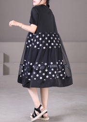 Plus Size Black O-Neck Tulle Patchwork Dot Print Cotton Maxi Dress Short Sleeve