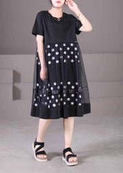 Plus Size Black O-Neck Tulle Patchwork Dot Print Cotton Maxi Dress Short Sleeve