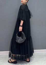 Plus Size Black O Neck Wrinkled Patchwork Tulle Dress Summer