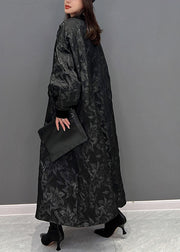 Plus Size Black Oriental Button Jacquard Spandex Coats Fall