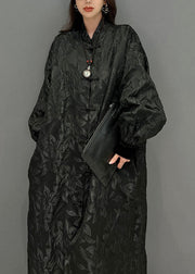 Plus Size Black Oriental Button Jacquard Spandex Coats Fall