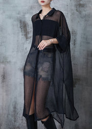 Plus Size Black Oversized Hollow Out Tulle Long Cardigan Summer